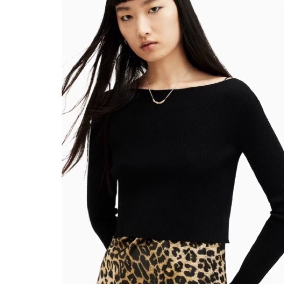 All Saints Tops - All Saints Women’s Black Ribbed Long Sleeve Sweater Hera Cropped Split Cuff